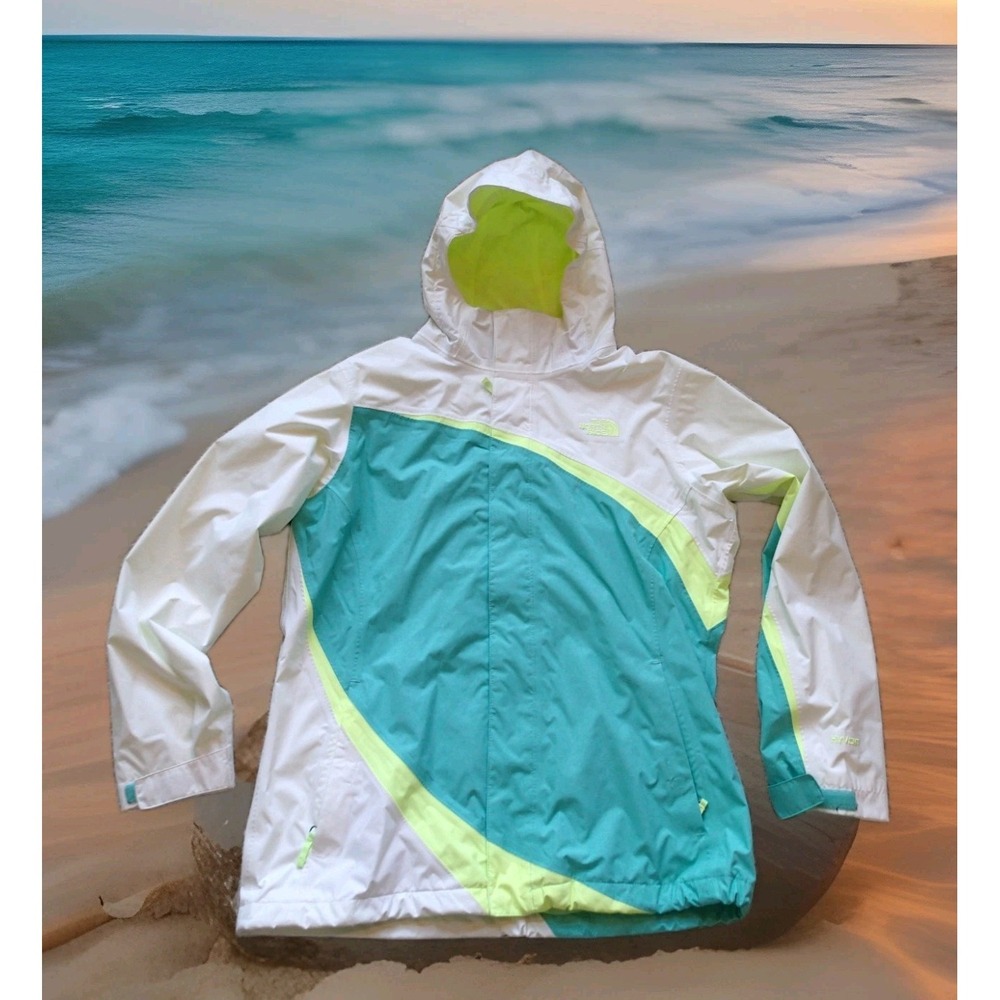 The North Face HyVent Rain Jacket‎ Girls XL 18 White Teal Green Excellent Hooded